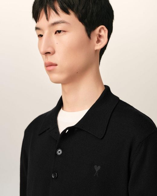 AMI Black Wool Polo With Ami De Coeur for men