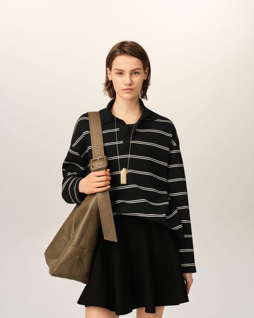 AMI Black Cotton Ami Patch Striped Polo