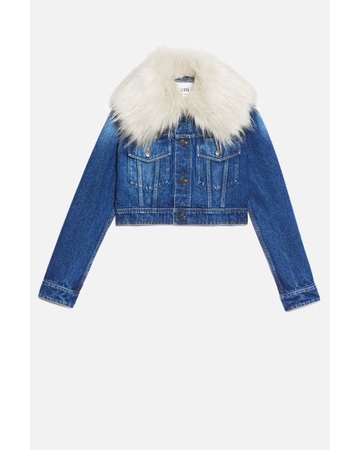 Ami Paris Denim Jacket With Synthetic Fur Collar in Blue | Lyst