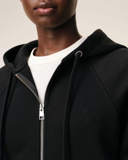 AMI Black Zipped Cotton Hoodie With Embossed Ami De Coeur