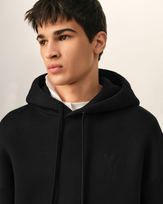 AMI Black Cotton Hoodie With Embossed Ami De Coeur
