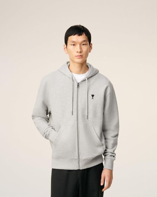 AMI Gray Cotton Zipped Ami De Coeur Hoodie for men