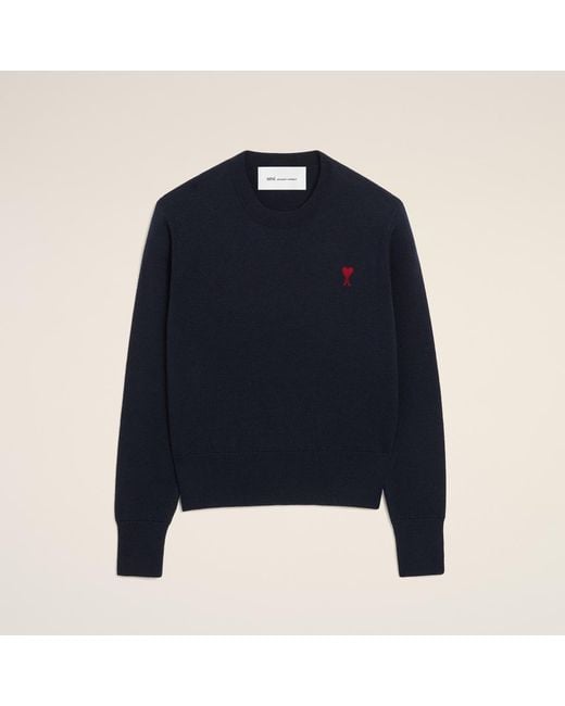 AMI Blue Classic Crew Neck Sweater With Embroidered Heart Detail