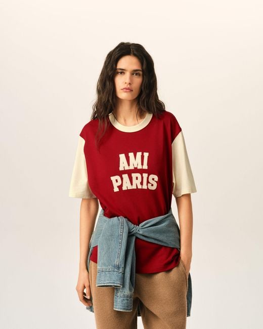 AMI Red Cotton T-Shirt With Embroidery