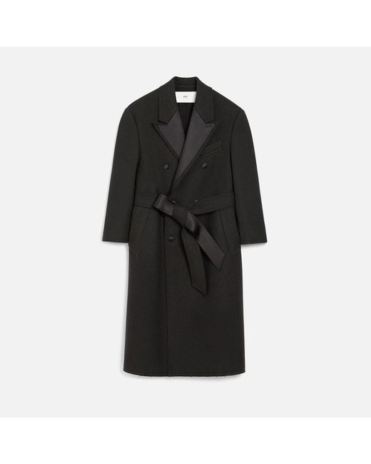 AMI Black Wool Smocking Double Breasted Long Coat for men