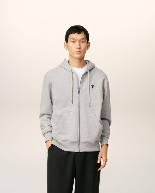 AMI Gray Zipped Cotton Hoodie With Ami De Coeur for men