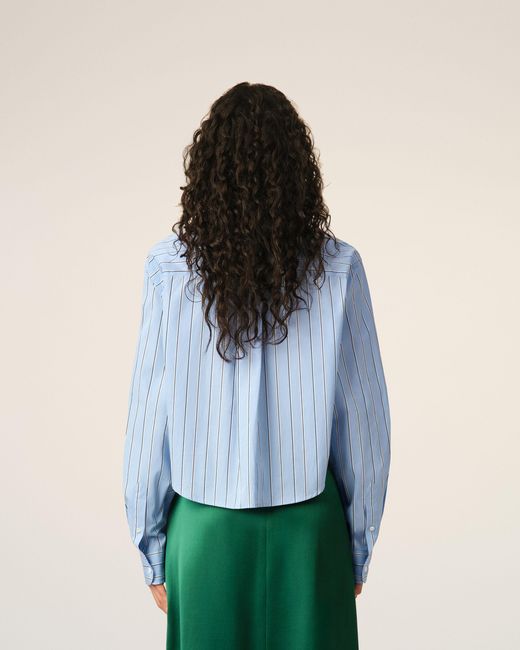 AMI Blue Striped Cotton Cropped Shirt