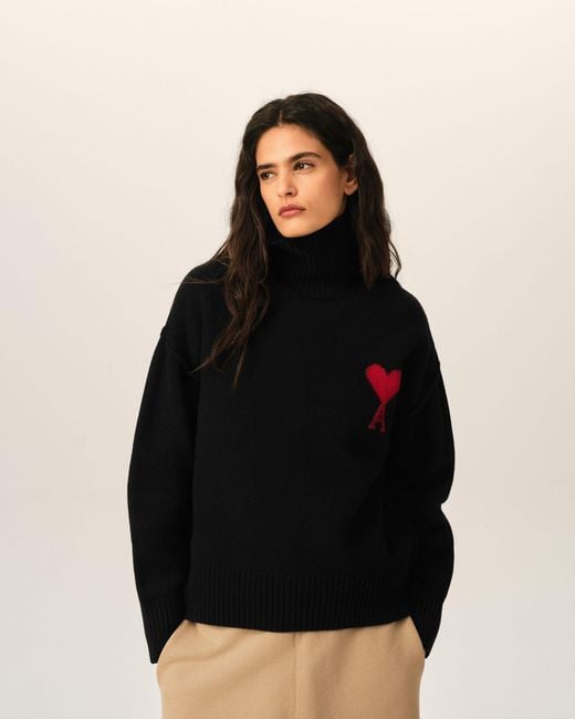 AMI Black Funell Neck Wool Sweater With Ami De Coeur