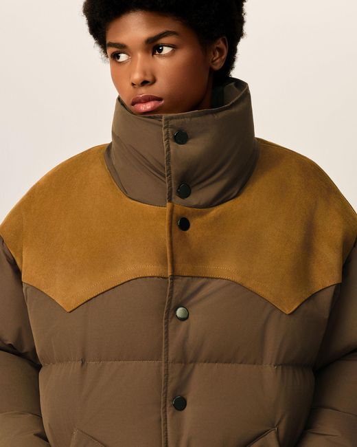 AMI Brown Nylon And Cotton Down Jacket With Leather Panels