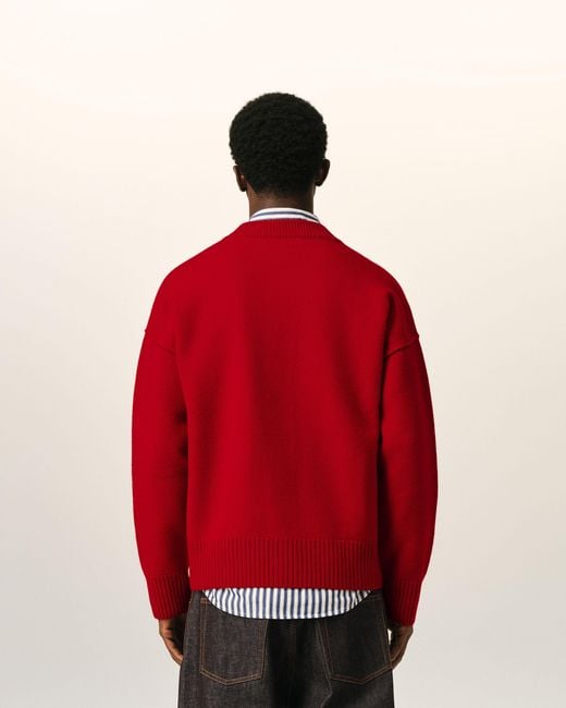 AMI Red Crewneck Wool Cardigan With Ami De Coeur