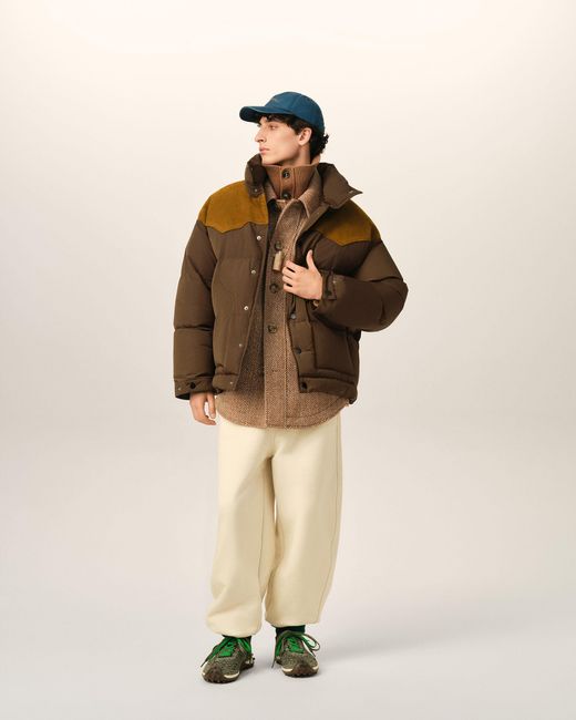 AMI Brown Nylon And Cotton Down Jacket With Leather Panels