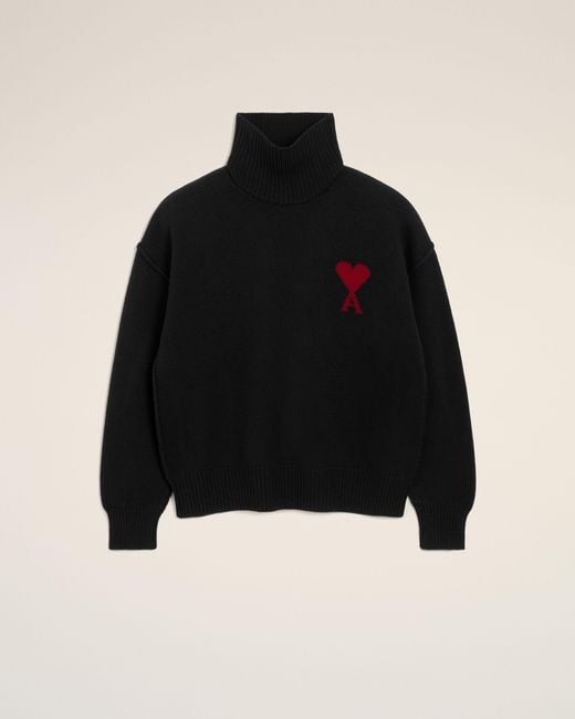 AMI Black Funell Neck Wool Sweater With Ami De Coeur