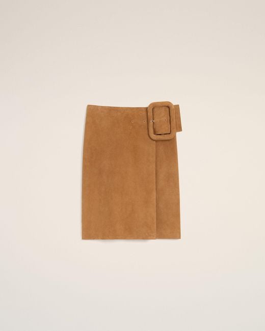 AMI Natural Goat Leather Big Buckle Belted Midi Skirt