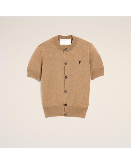 AMI Natural Wool Short-Sleeve Cardigan With Ami De Coeur