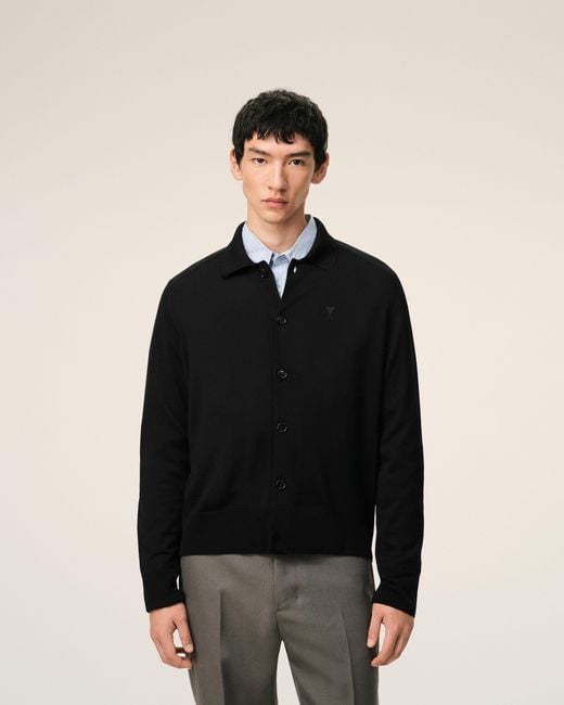 AMI Black Wool Shirt Collar Ami De Coeur Cardigan for men