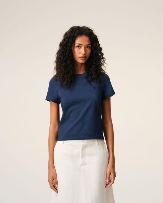 AMI Blue Cotton Ami De Coeur Cropped T-Shirt
