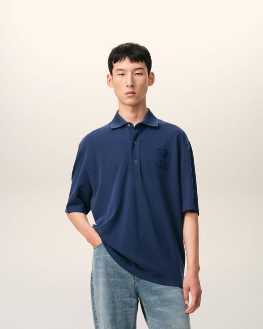 AMI Blue Cotton Ami De Coeur Knitted Patch Polo