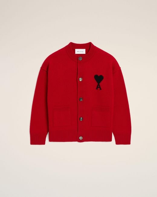 AMI Red Crewneck Wool Cardigan With Ami De Coeur