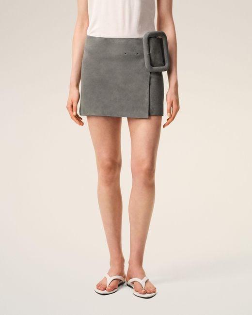AMI Gray Goat Leather Big Buckle Belted Mini Skirt