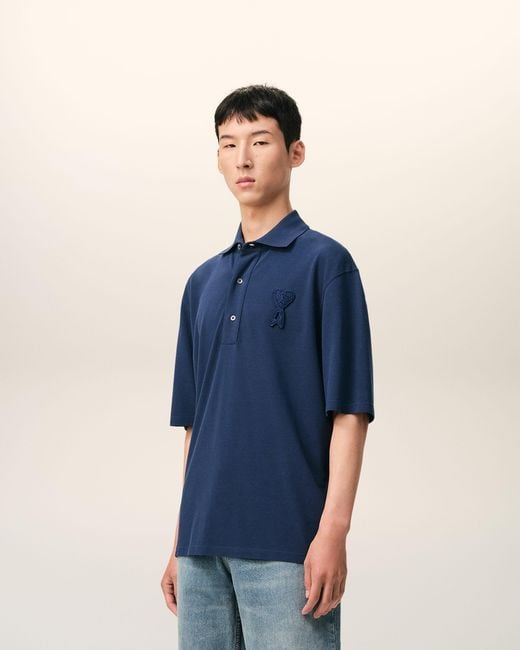AMI Blue Cotton Ami De Coeur Knitted Patch Polo