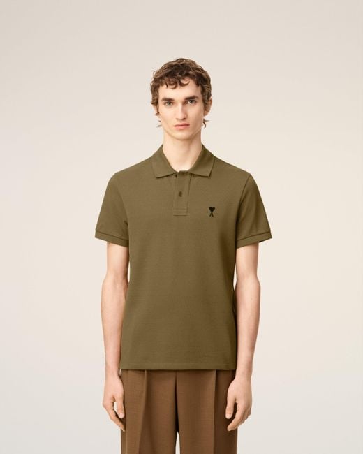 AMI Green Cotton Contrasted Ami De Coeur Polo Shirt for men