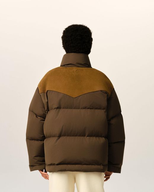AMI Brown Nylon And Cotton Down Jacket With Leather Panels