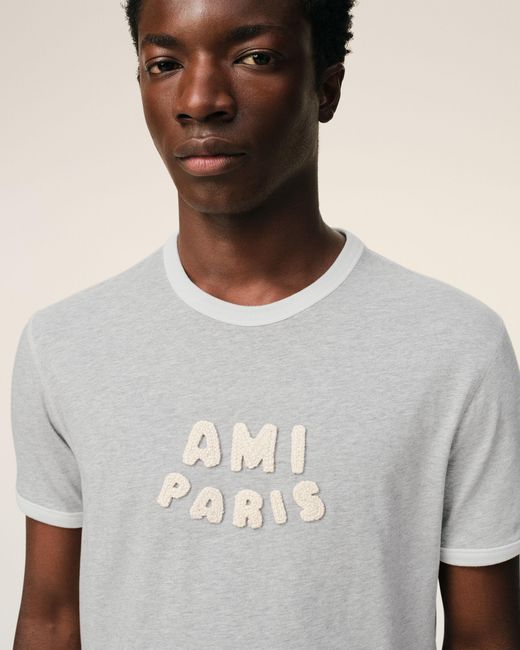 AMI Gray Cotton Knitted Patch T-Shirt