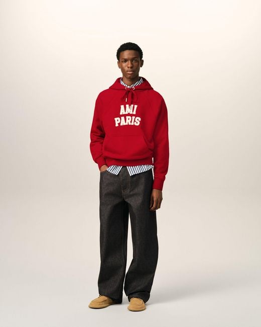 AMI Red Cotton Hoodie With Embroidery