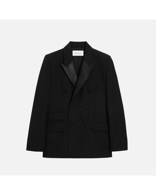 AMI Black New Wool Double Breasted Straight Smocking Jacket for men