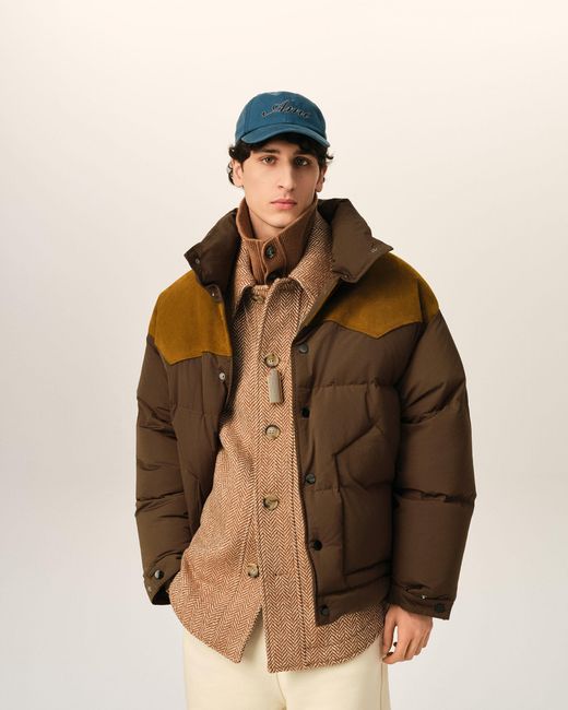 AMI Brown Nylon And Cotton Down Jacket With Leather Panels