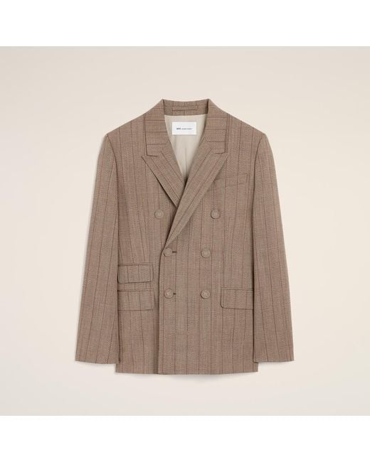 AMI Natural Double Breasted Striped Wool Blazer