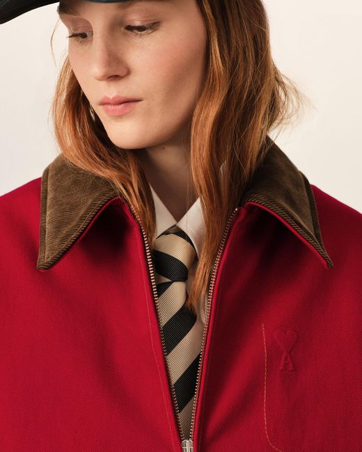 AMI Red Cotton Zipped Jacket With Ami De Coeur