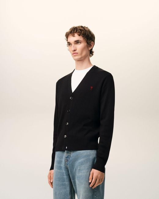 AMI Black Wool Cardigan With Contrasted Ami De Coeur for men