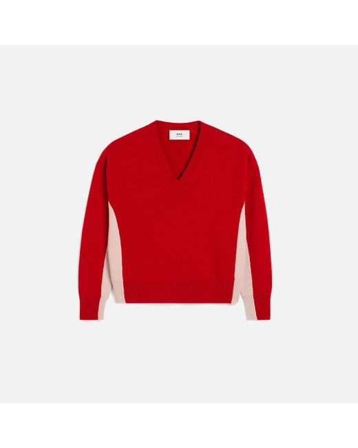 Pull Rouge Bicolore Col V En Maille En Laine Coquelicot & Mastic AMI pour homme en coloris Red