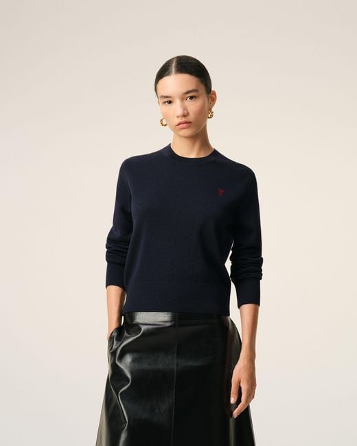 AMI Blue Classic Crew Neck Sweater With Embroidered Heart Detail