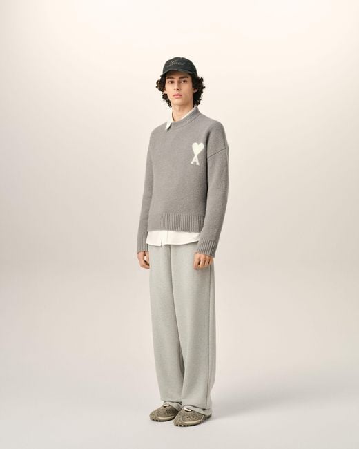 AMI Gray Crewneck Alpaca Sweater With Ami De Coeur