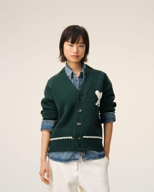 AMI Green Wool Ami De Coeur Cardigan