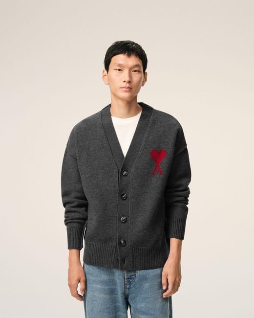 AMI Black Wool Cardigan With Contrasted Ami De Coeur