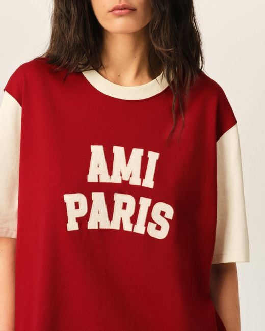 AMI Red Cotton T-Shirt With Embroidery