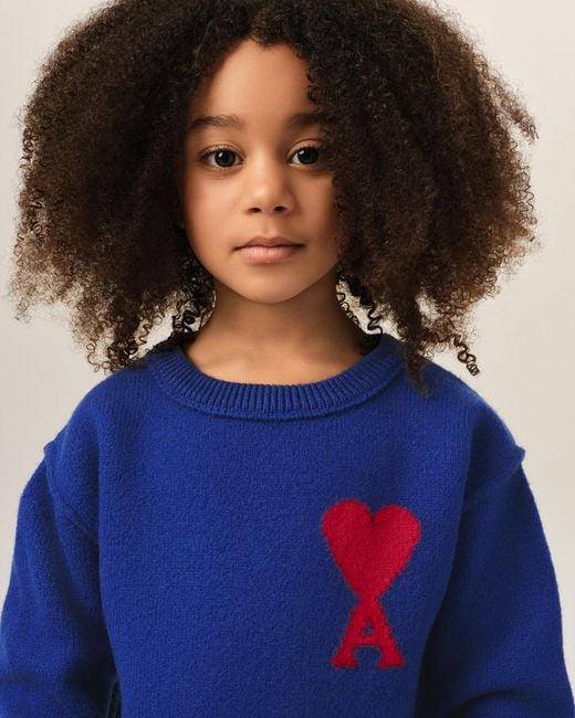 AMI Blue Crewneck Wool Sweater With Ami De Coeur