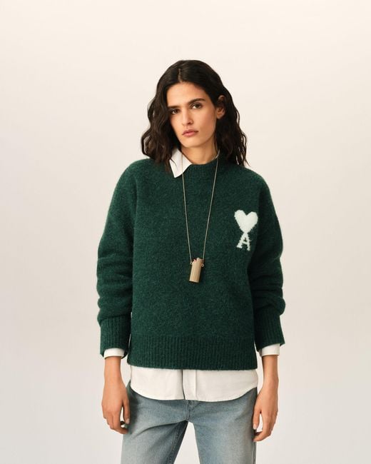 AMI Green Crewneck Alpaca Sweater With Ami De Coeur