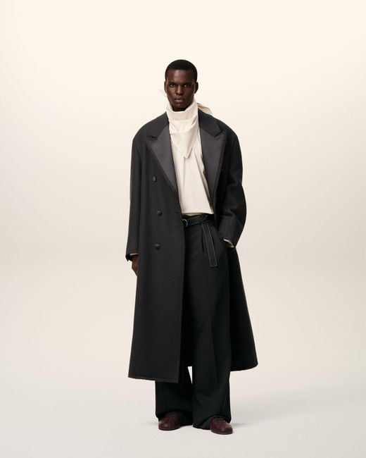 AMI Black Wool Smocking Double Breasted Long Coat for men