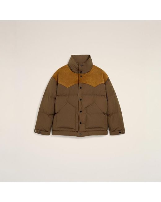 AMI Brown Nylon And Cotton Down Jacket With Leather Panels