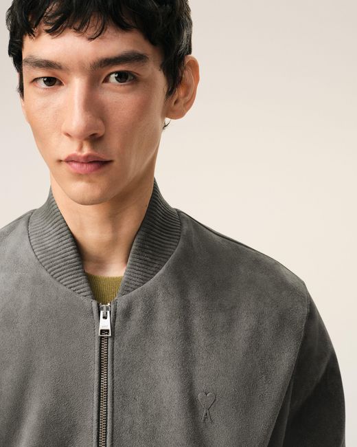 AMI Gray Goat Leather Ami De Coeur Zipped Jacket for men