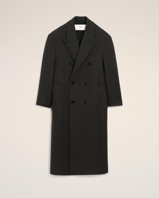 AMI Black Wool Double Breasted Long Coat for men