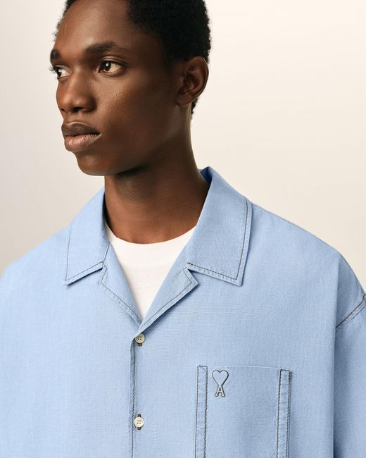 AMI Blue Boxy Cotton Short-Sleeve Shirt With Ami De Coeur for men