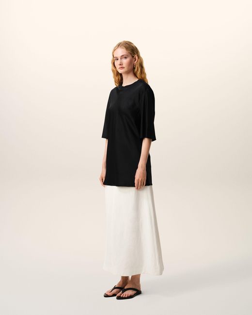 AMI Black Satin Short Sleeves Rib Detail T-Shirt