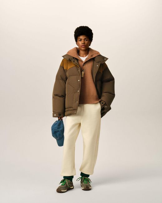 AMI Brown Nylon And Cotton Down Jacket With Leather Panels