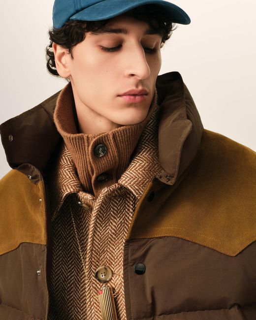 AMI Brown Nylon And Cotton Down Jacket With Leather Panels