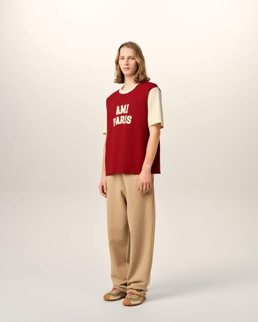 AMI Red Cotton T-Shirt With Embroidery